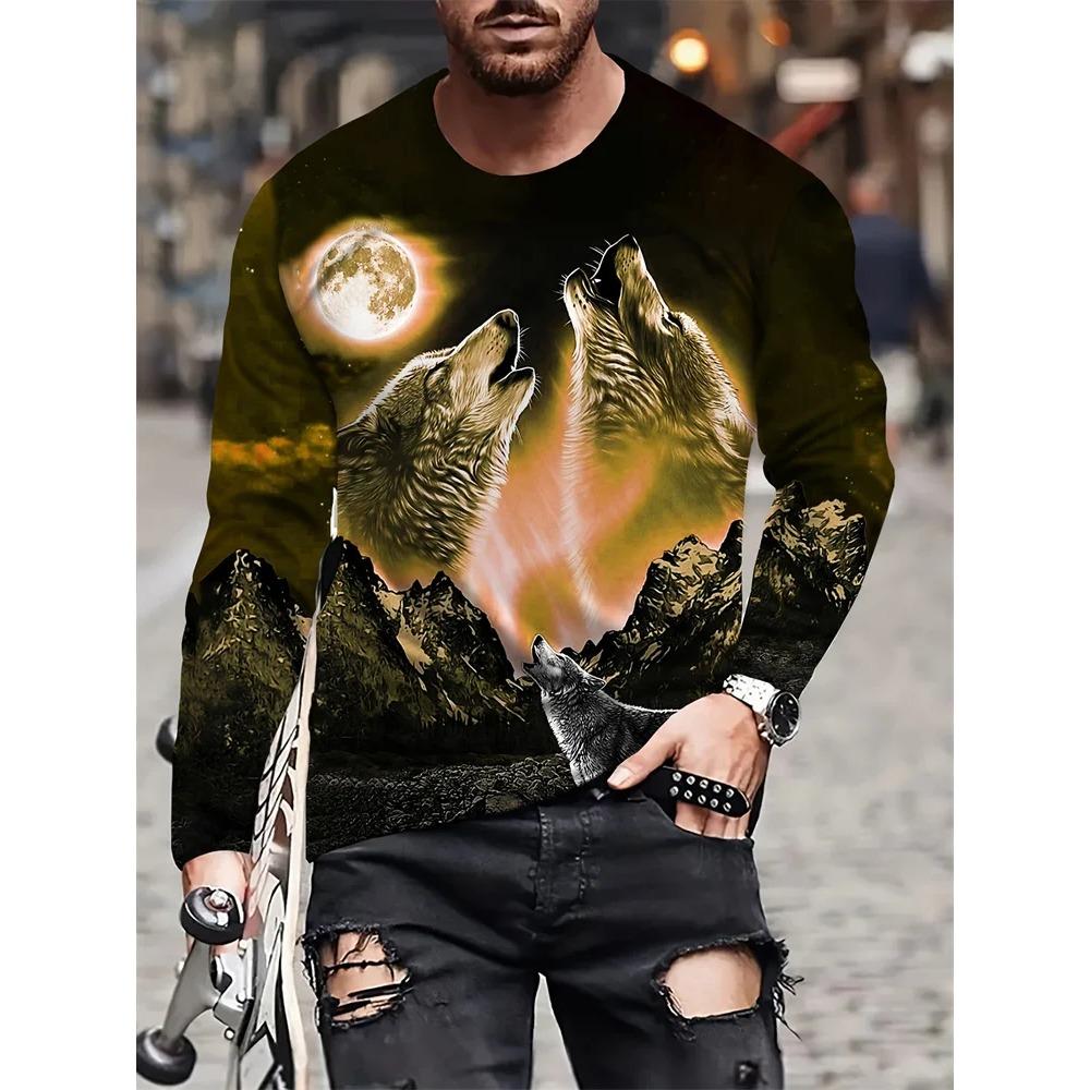 Camiseta Masculina de Outono de Manga Comprida com Gola Careca Estampa 3D de Lobo Camiseta de Manga Comprida Moda Masculina de Rua para Exterior