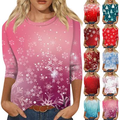 Women's Fashion Casual Seven Sleeve Christmas Printed Round Neck Top