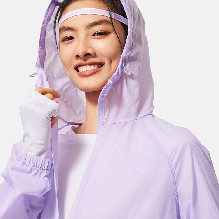 Li Ning Fitness Series UV Protection Waterproof Breathable Solid Color Zipper Hooded UPF50+ Sun Protection Jacket Women Jacket Lilac AFDU460-4