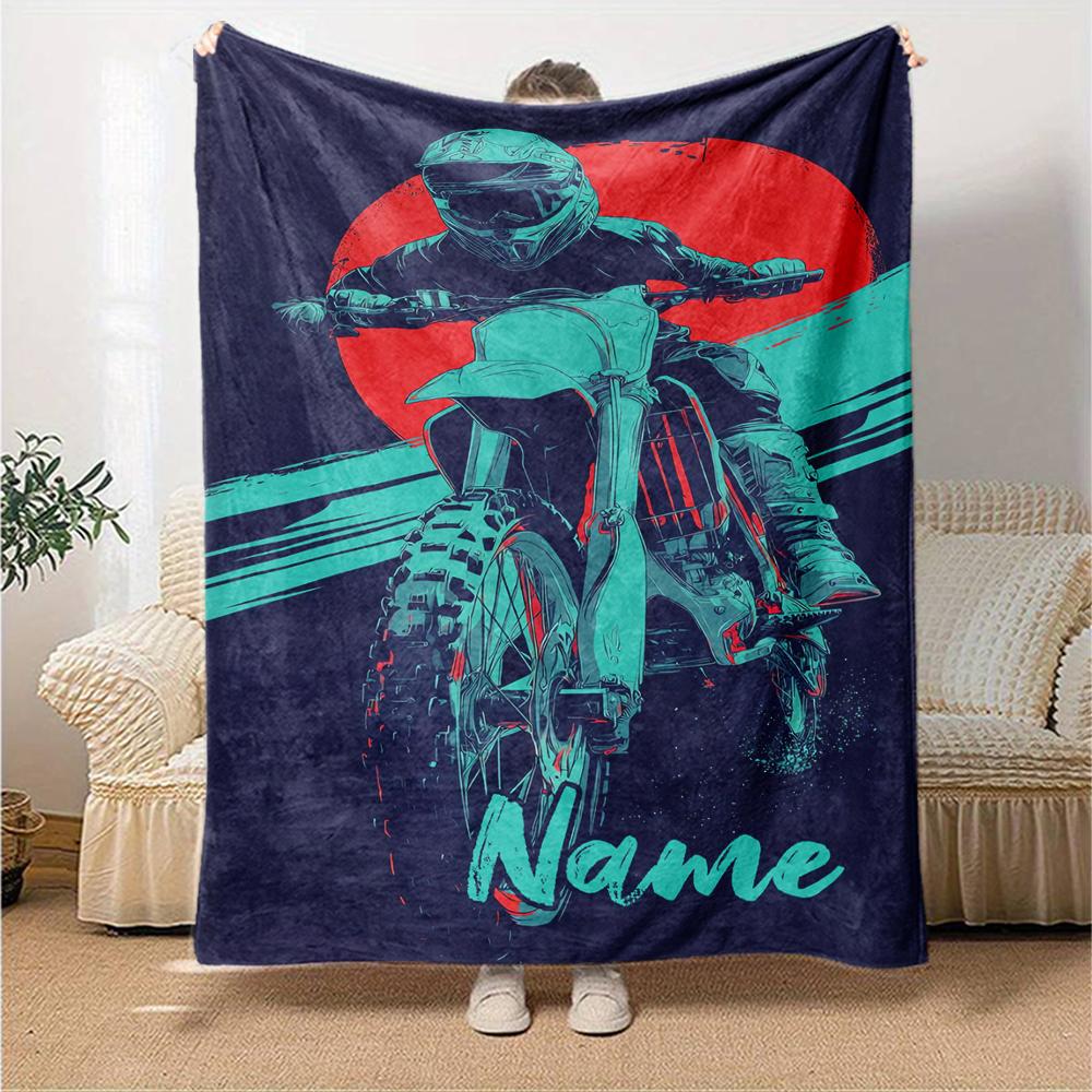 Coperta stampata a tema moto da fuoristrada con nome personalizzato - Perfetta per divano, letto, viaggi e uso all'aperto | Lavabile in lavatrice, accogliente e resistente.