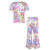 Kids Boys Girls Stage Performance Set Short Sleeve Round Neck Shiny Sequins Solid Color T-Shirt with Elastic Waistband Flared Pants