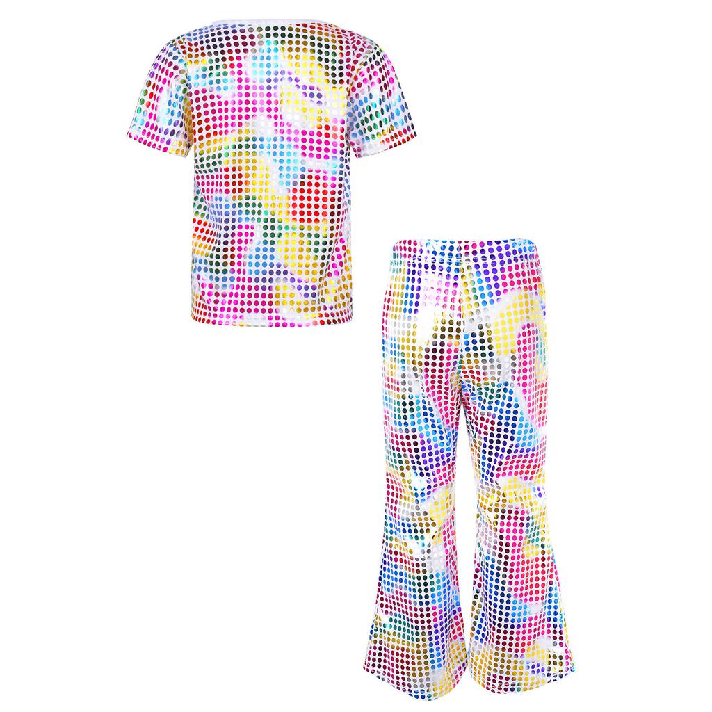 Kids Boys Girls Stage Performance Set Short Sleeve Round Neck Shiny Sequins Solid Color T-Shirt with Elastic Waistband Flared Pants