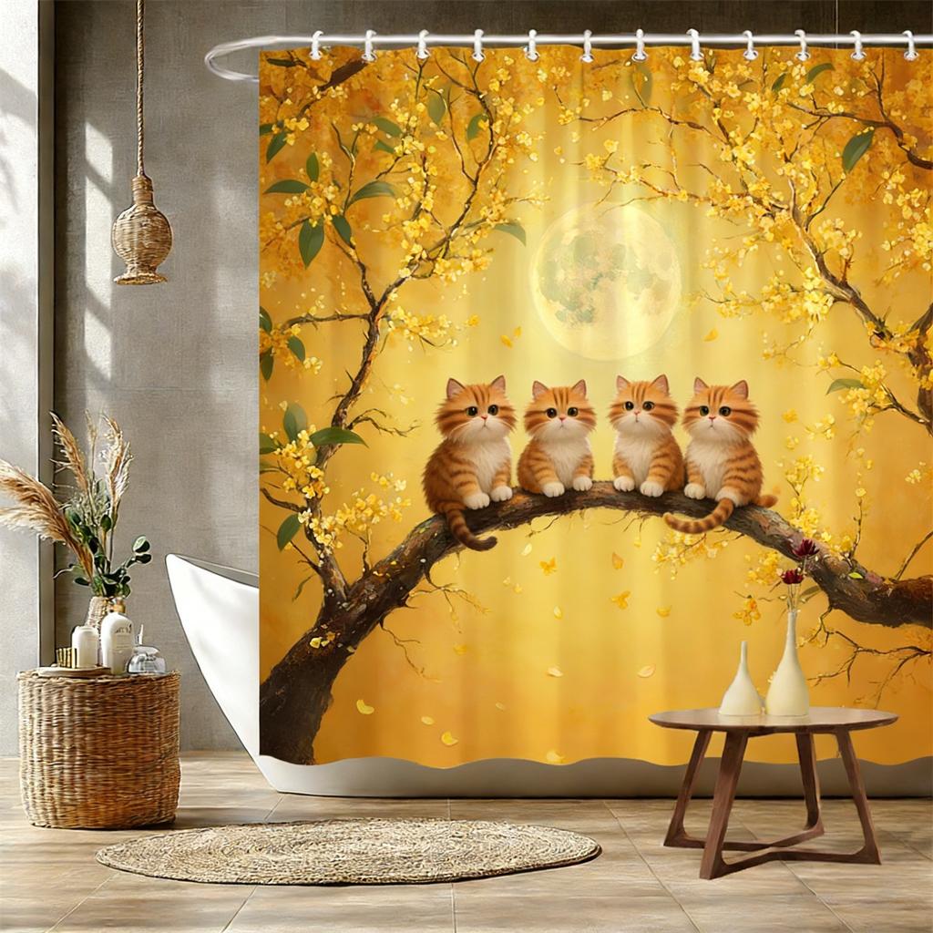 Four White Cats on Magnolia Branch Waterproof Shower Curtain for Bathroom Decor