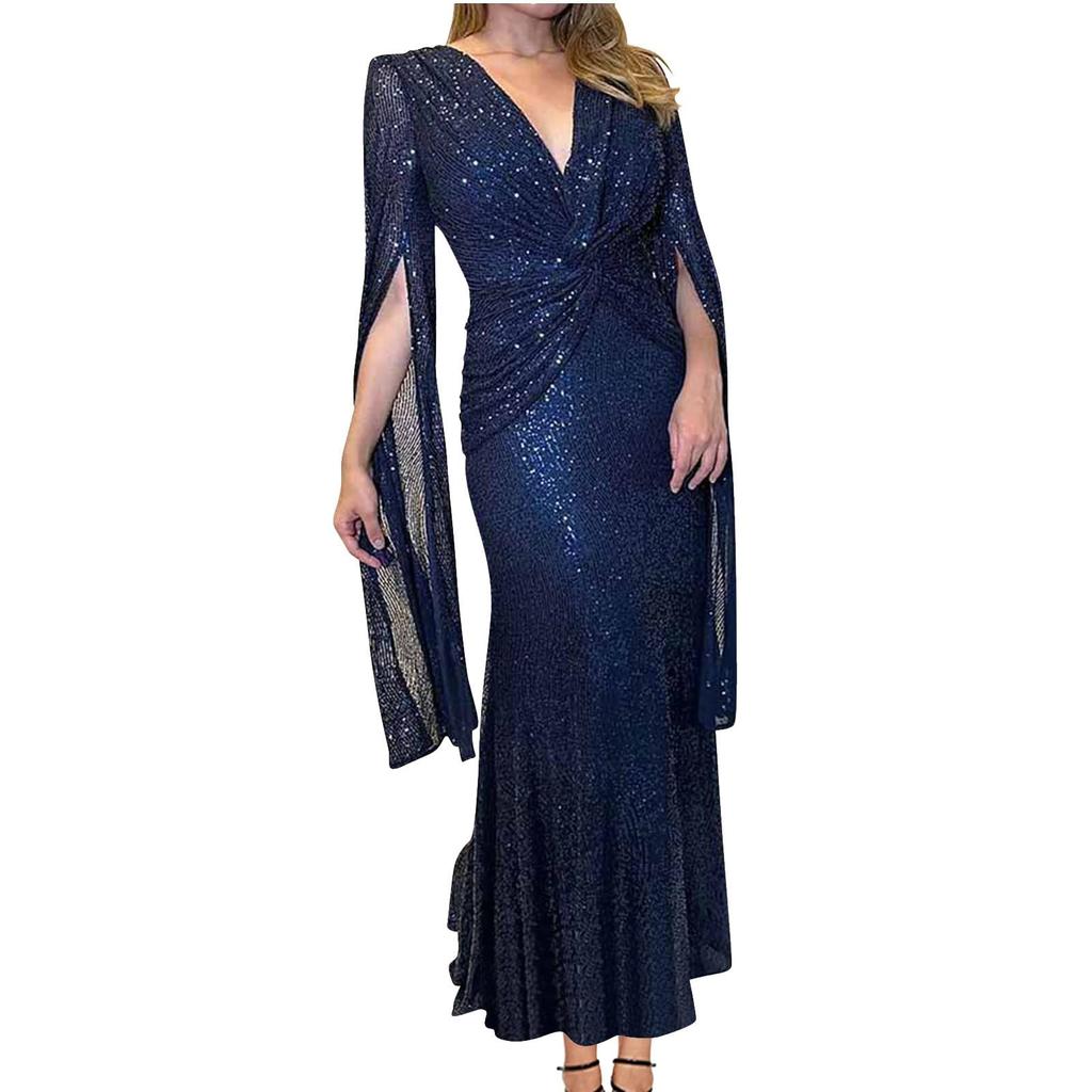 Women's Fashionable Color V Neck Sequin Sexy Evening Dress Party Long Dress