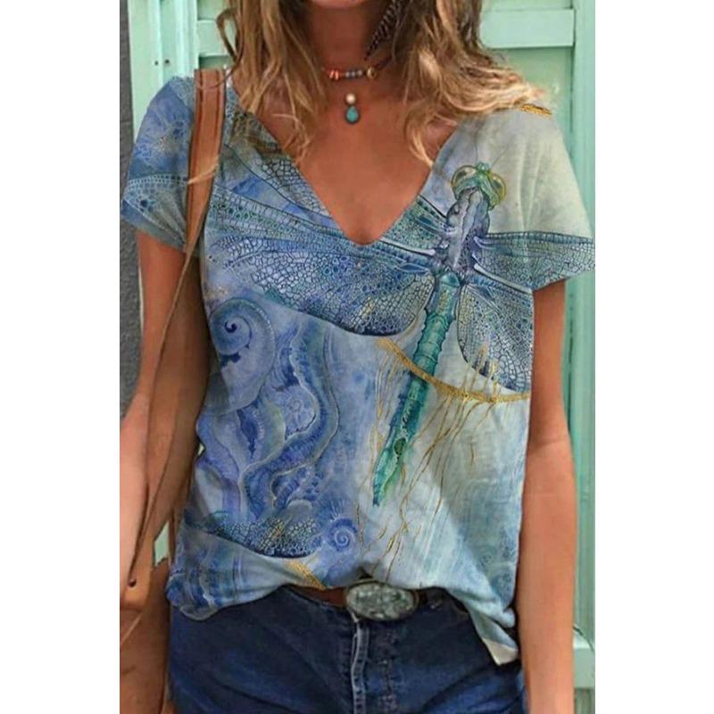 Sommer Schmetterling Libelle 3D V-Ausschnitt Bedruckt Neues Damen Top T-Shirt