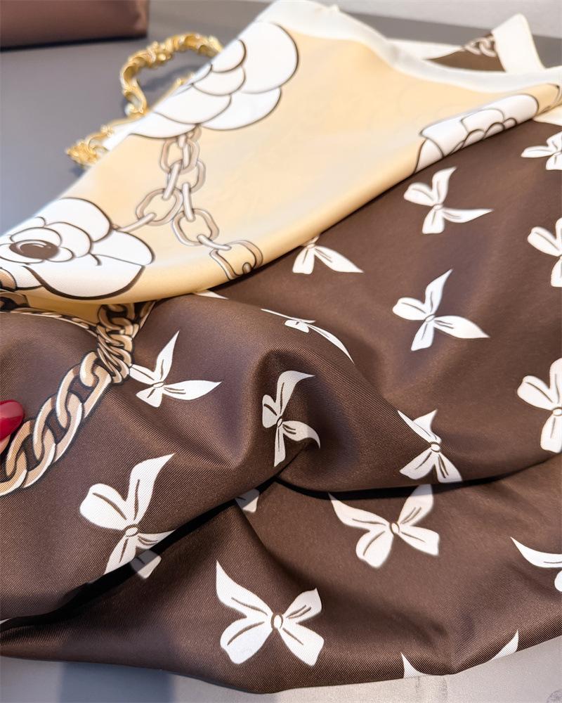 New rose printed imitation silk chain 90 scarf high-end temperament shawl versatile neck Little fragrance flowers scarf