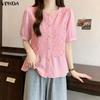 VONDA Women Short Sleeve Front Lace Crochet Casual Ruffled Blouse Shirts Tops
