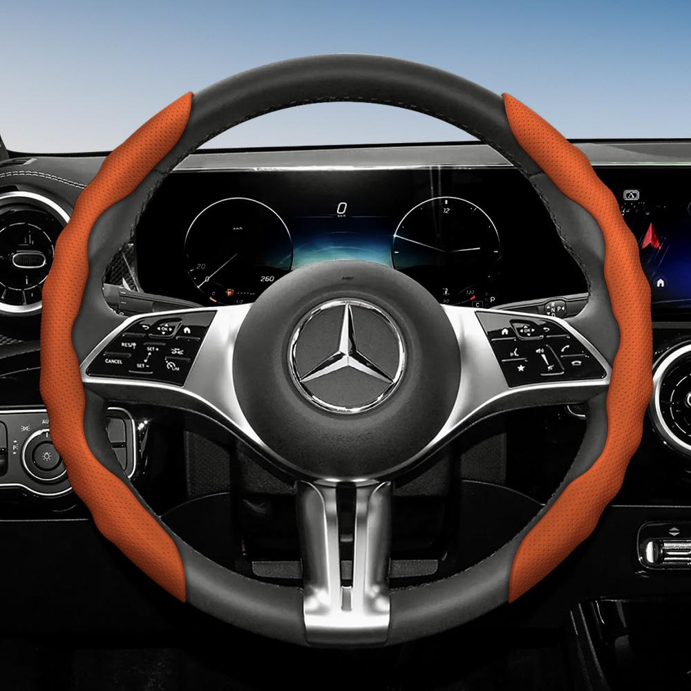 Steering Wheel Cover for Mercedes-Benz, Wave-Shaped Sporty Design, Breathable Leather, Segmented, Non-Slip, Sweat-Absorbing Protective Case