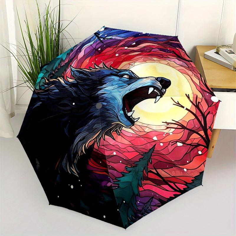 

Stained Wolf Howling at Moon Wall ArtUmbrella, Portable 3-Fold Compact Umbrella for Men & Women Gift