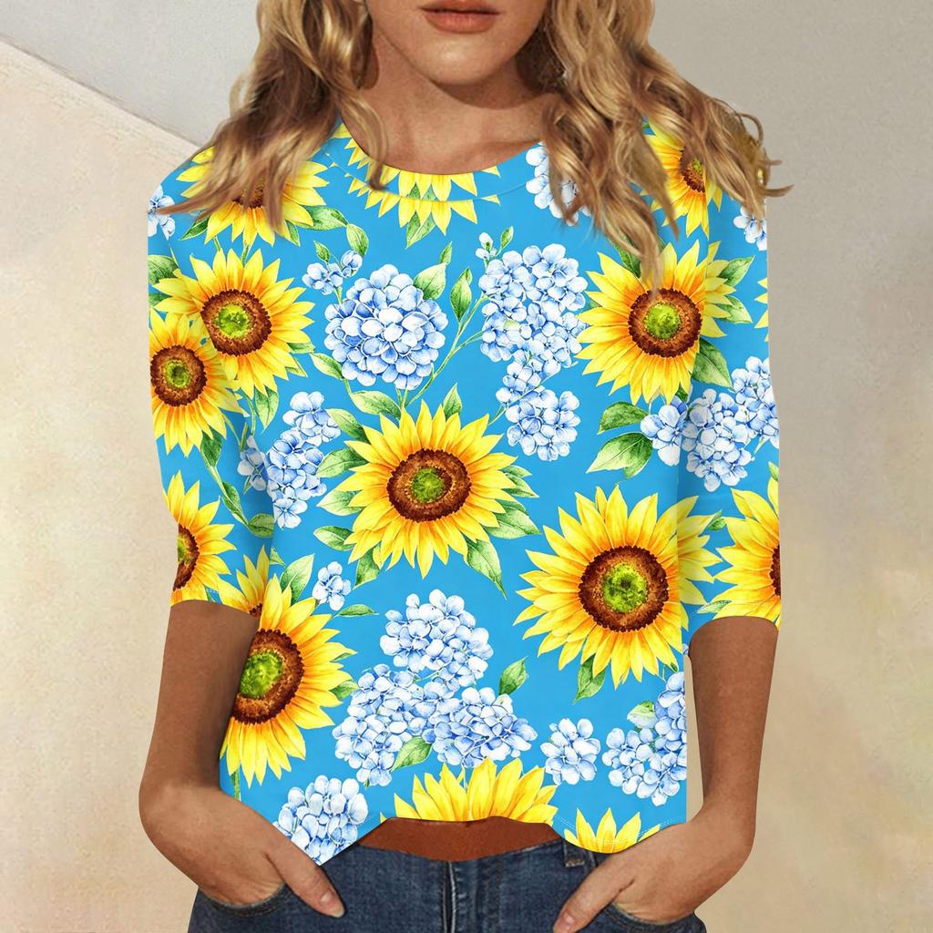 Dames Casual Top met Bloemendruk Ronde Hals Driekwartmouw Blouse Lichtgewicht Comfortabele Stof Geschikt voor Dagelijks Gebruik