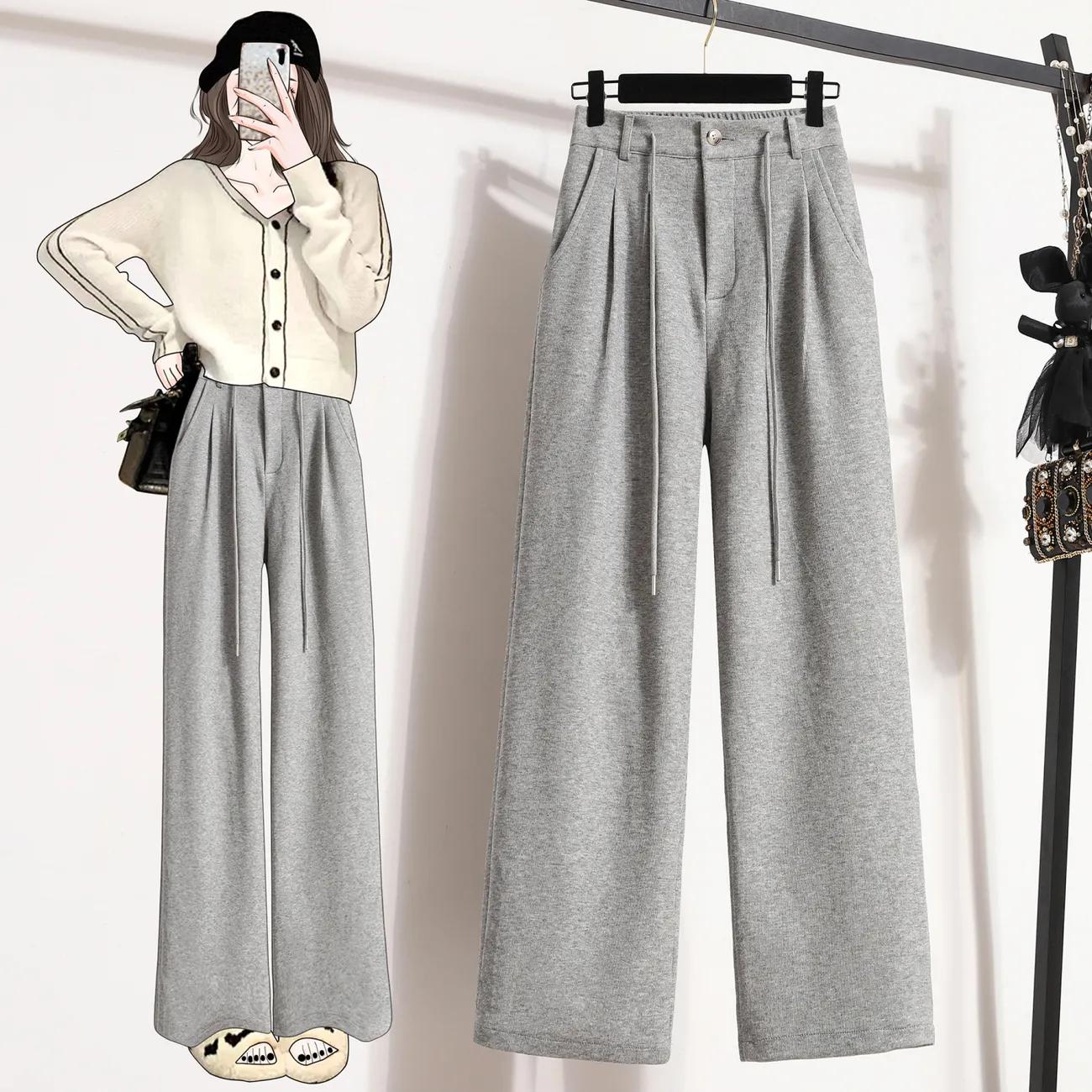 

Осенне-весенние женские брюки больших размеров, длинные, эластичные, свободные, однотонные, свободные, повседневные, женские, с высокой талией, брюки в пол L серый