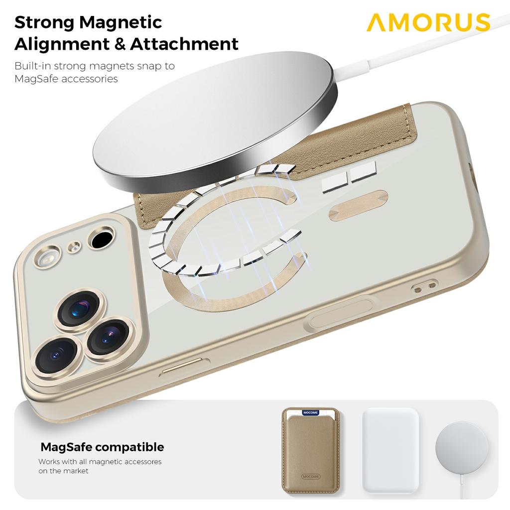 AMORUS For iPhone 17 Pro Max Case Compatible with MagSafe RFID Blocking Card Holder Leather Phone Cover