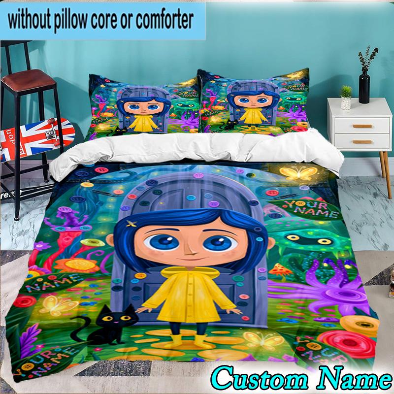 Custom Name 3PCS Mystery Coraline's World Bedding Set,Including Duvet Cover And 2pcs Pillowcases Perfect for Bedroom,Dormitory,Fan Christmas Gift