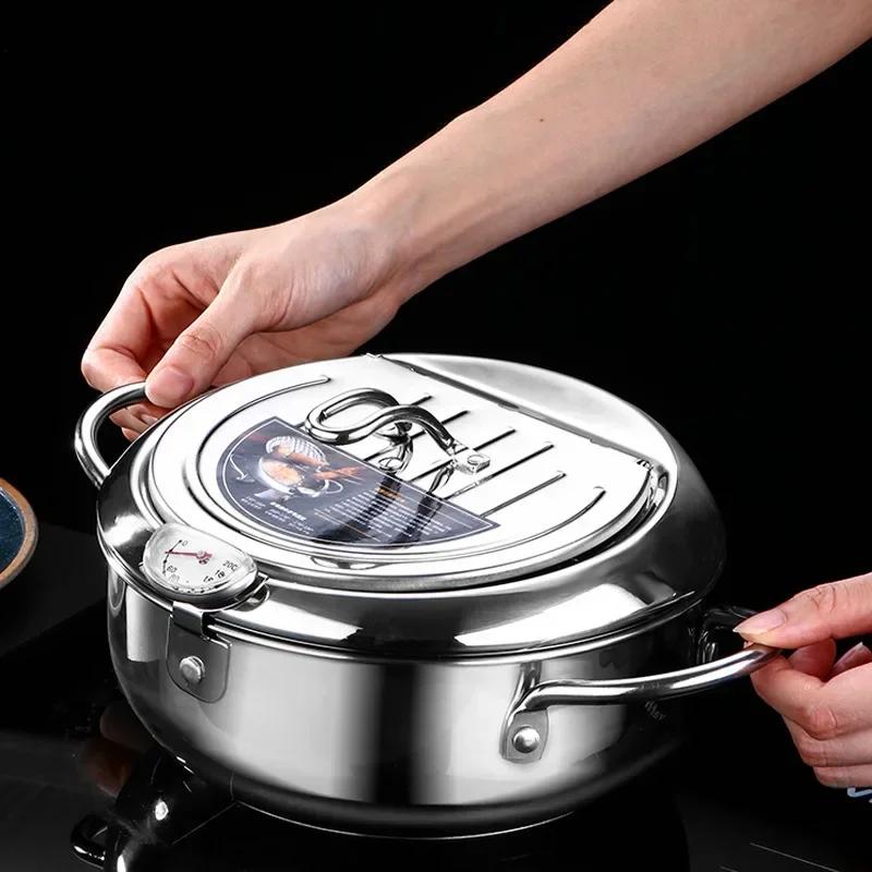 Japanese Deep Frying Pot with a Thermometer and a Lid 304 Stainless Steel Kitchen Tempura Fryer Pan 20 24 Cm