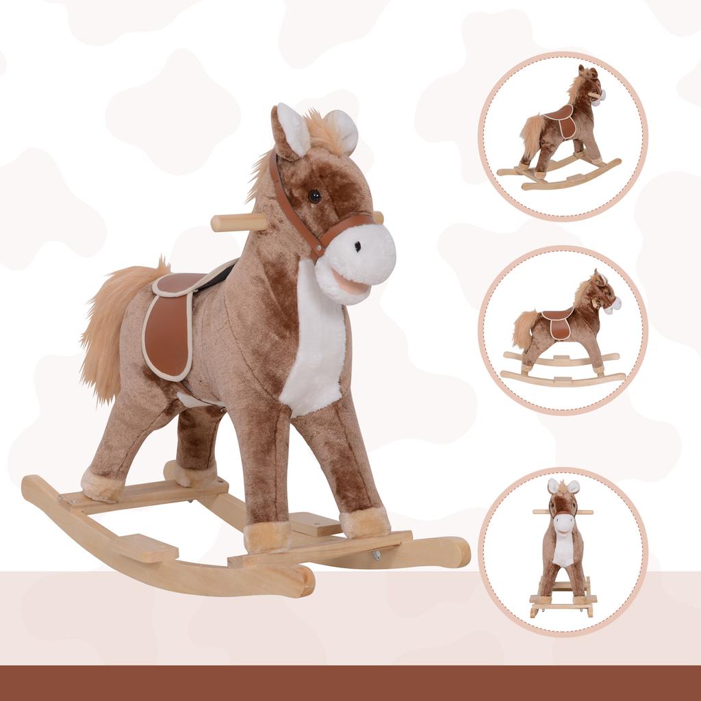 Kids Children Plush Rocking Horse Wooden Base Ride On Toy Rocker with Handle Grip Traditional Toy Fun Gift for Age 3+ (Brown & White)