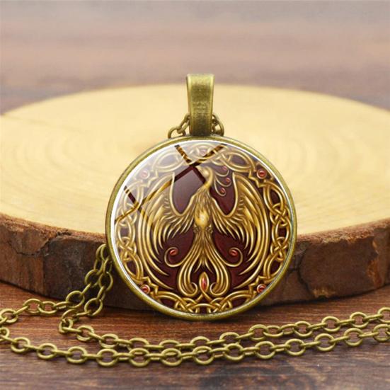 Phoenix Pattern Pendant Cabochon Vintage Jewelry Glass Necklace Chain Women Gift