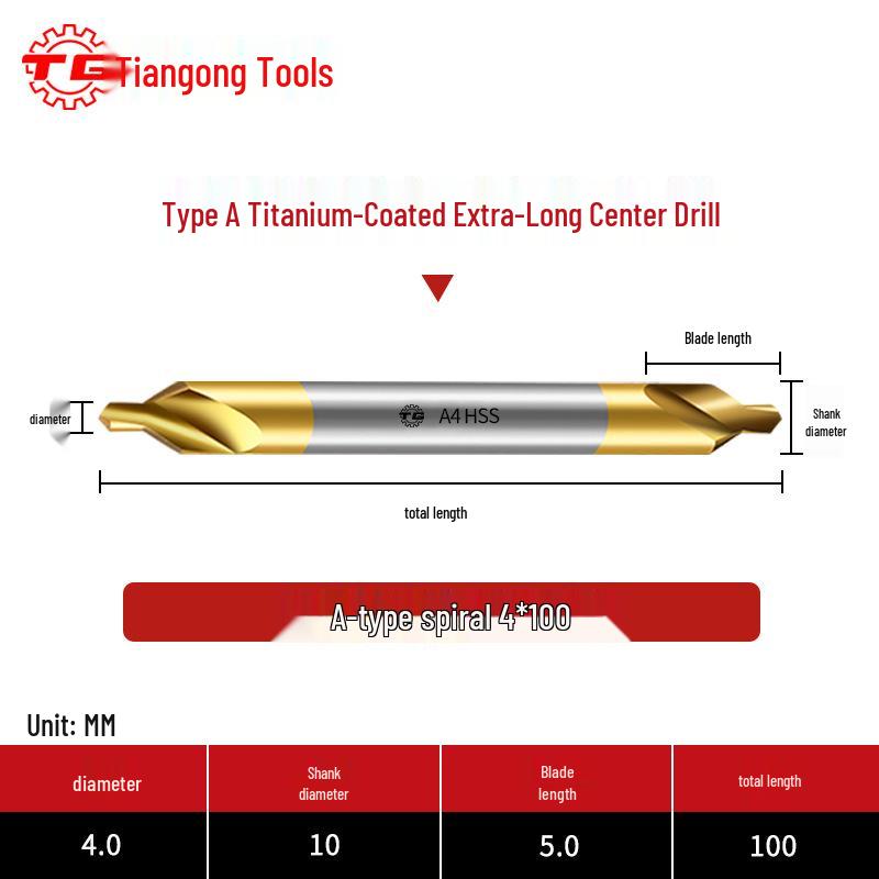 Burghiu de centrare Tiangong Tip A din oțel rapid placat cu titan pentru oțel inoxidabil