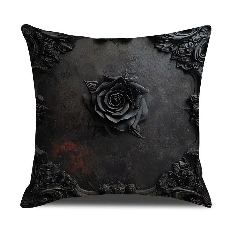 Home Black and White Rose Print Linen Pillow Cover Halloween Sofa Living Room Decoration Cushion Cushion