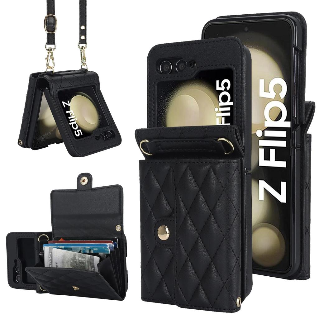 Fashion Leather Phone Case for Samsung Galaxy Z Flip 5 4 3 5G with Long Lanyard Wallet Card Slot Silicone Protect Cover
