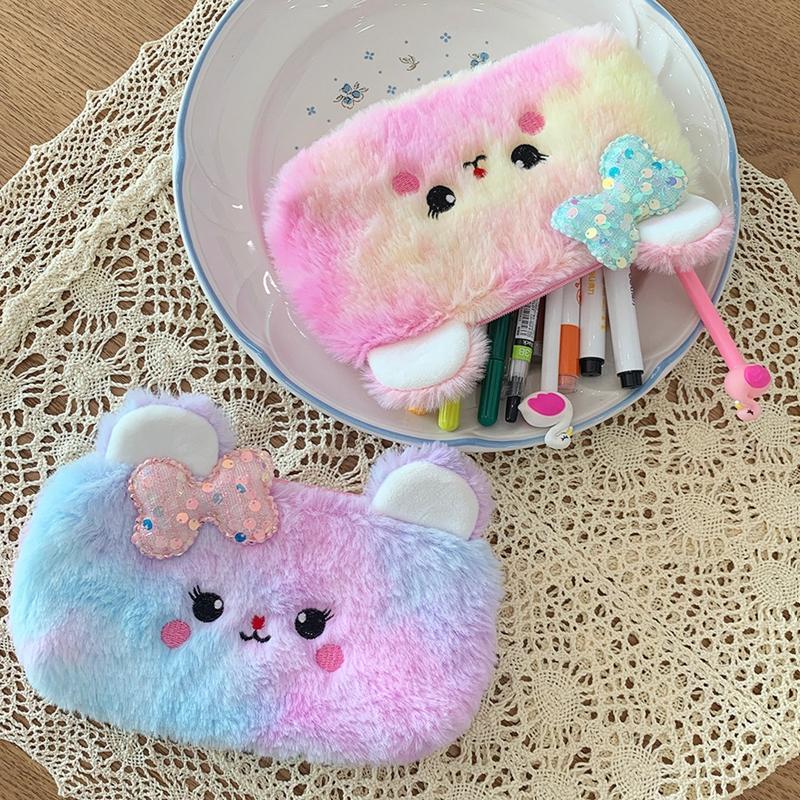Colorful Pencil Case Plush Pencil Cases For Girls Trousse Cute Bow Kalemlik School Supplies Pencil Pouch