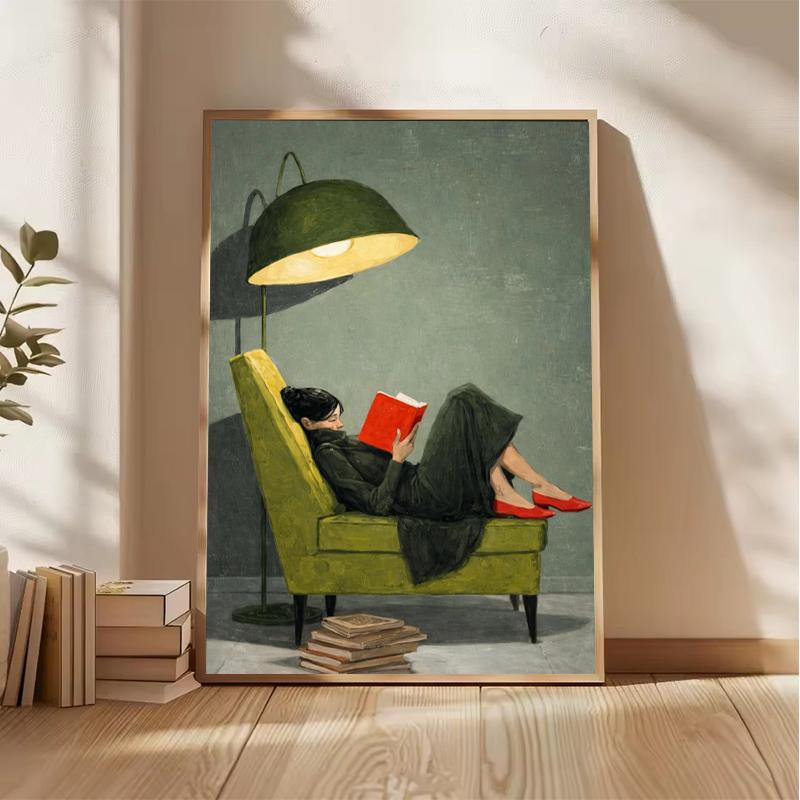 Vintage Woman Reading On Green Chair Canvas Poster Print Painting Modern Aesthetic Art Picture Living Room Wall Art Home