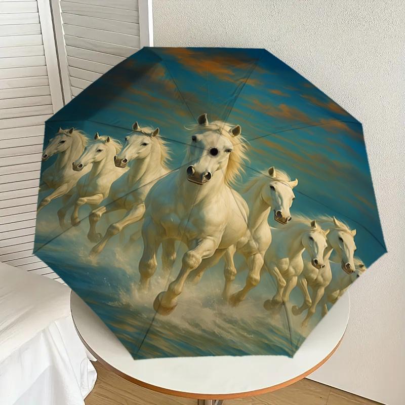 Elegant White Horse Stamp Design Automatic Opening/Closing Umbrella with Foldable Design, , Travelers, Daily Use - Perfect Gift for All Occa
