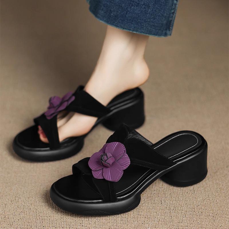 Summer New Soft Leather Thick Heel Silver Open-toed Cross-strapped Sandals Women's High-heeled Waterproof Table Flower Women's Shoes