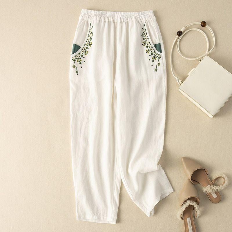 Fashion Loose Casual Embroidered Women Pants Summer New Retro Elegant Loose Straight Harlan Pants Simple Solid Color Versatile Nine-point Trousers