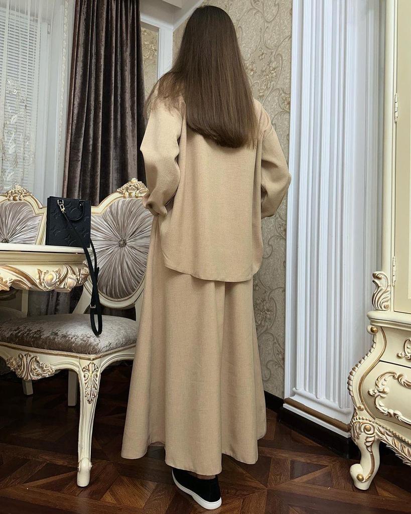 2024 Spring Women's Casual Set: Loose Long-Sleeved Shirt and Midi Skirt