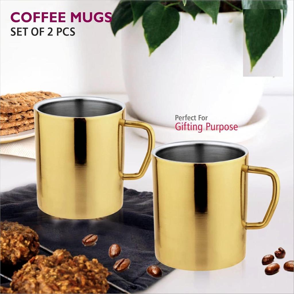 Nerezové hrnky na kávu - Dvojstěnné Bez BPA - Šálek na čaj Široké ucho - Zlatá barva