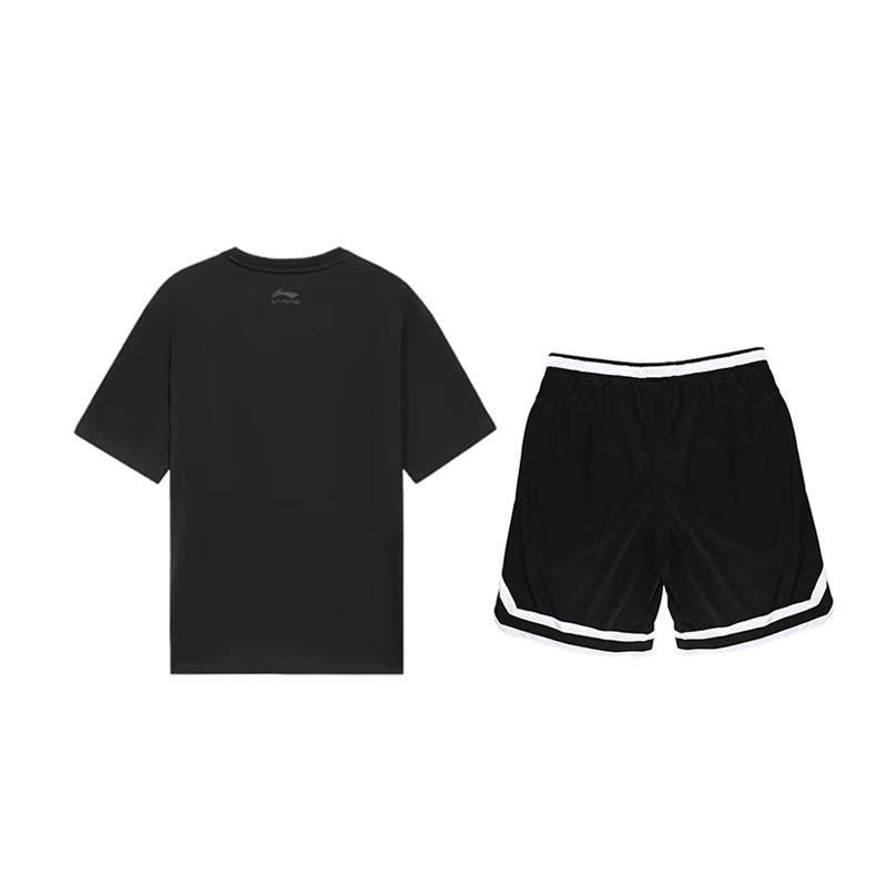 Li-Ning Graffiti Logo Printed Round Neck Short Sleeve Casual Sports Suit Unisex suit Black AHSUB03-1+YAPV001-1