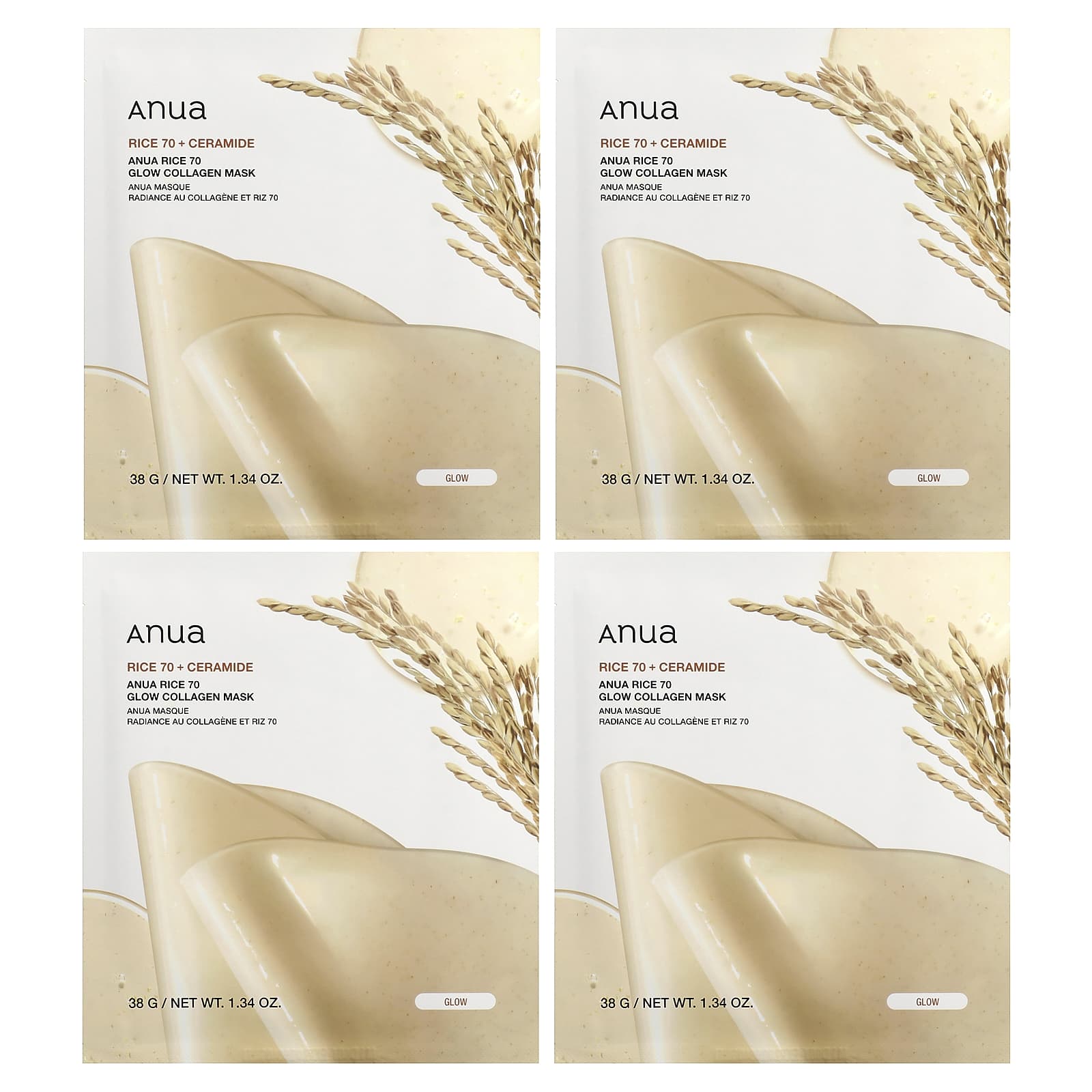 Anua Rice 70 Glow Collagen Beauty Mask, 4 Sheets, 38g (1.34oz) Each