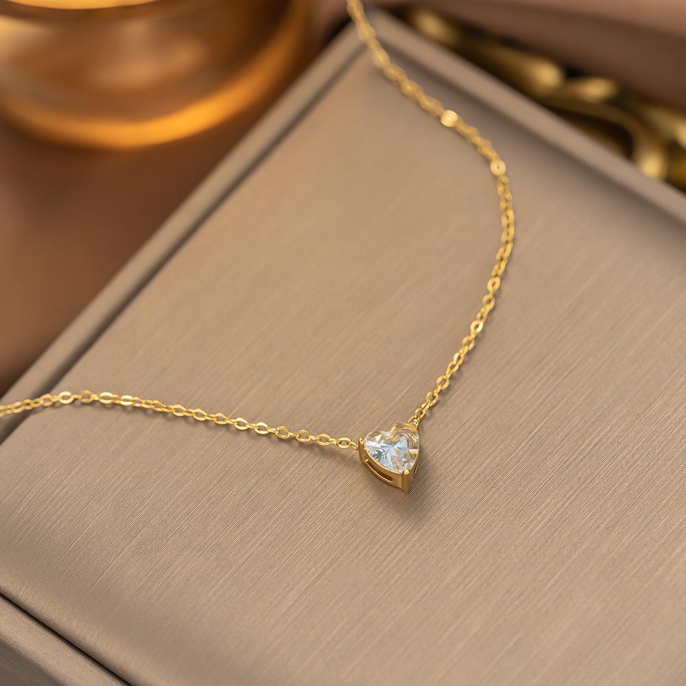 

New Punk Tiny CZ Heart Pendant For Women Gold Color Stainless Steel Choker Chain Necklace Female Jewelry Christmas Gift 45cm