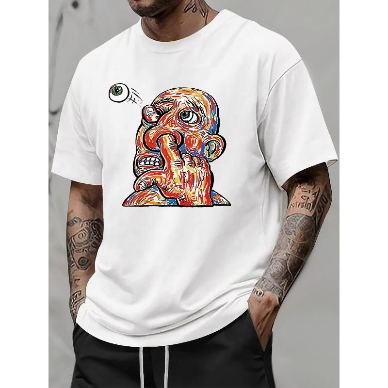 

Funny Face Print Graphic T-Shirt, Casual Summer Wear for Men, High Street Fashion, Crew Neck, Regular Fit, Slight Stretch, Perfect for Men XL белый