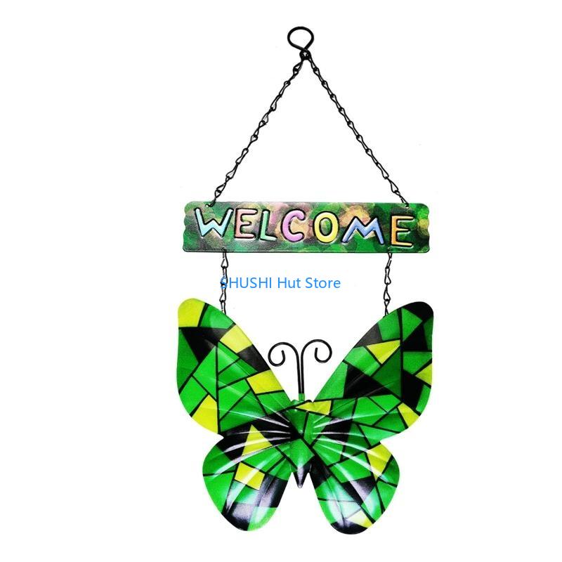 

Vintage Metal for Butterfly Welcome Sign Front Door Wall Decor Hanging Outdoor Wreath Decorative Hallway Porch Bar Cafe D57B