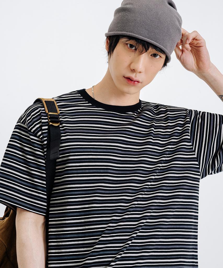 LEMAIN SECOND Fine Stripe Oversized Short Sleeve T-Shirt [Black]