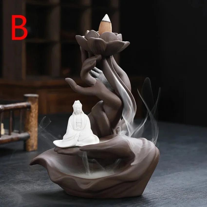 Incense Burner Buddha's Hand Guanyin Lotus Back Incense Burner Ornaments Indoor Incense Burner Purple Sand Antique Sandalwood