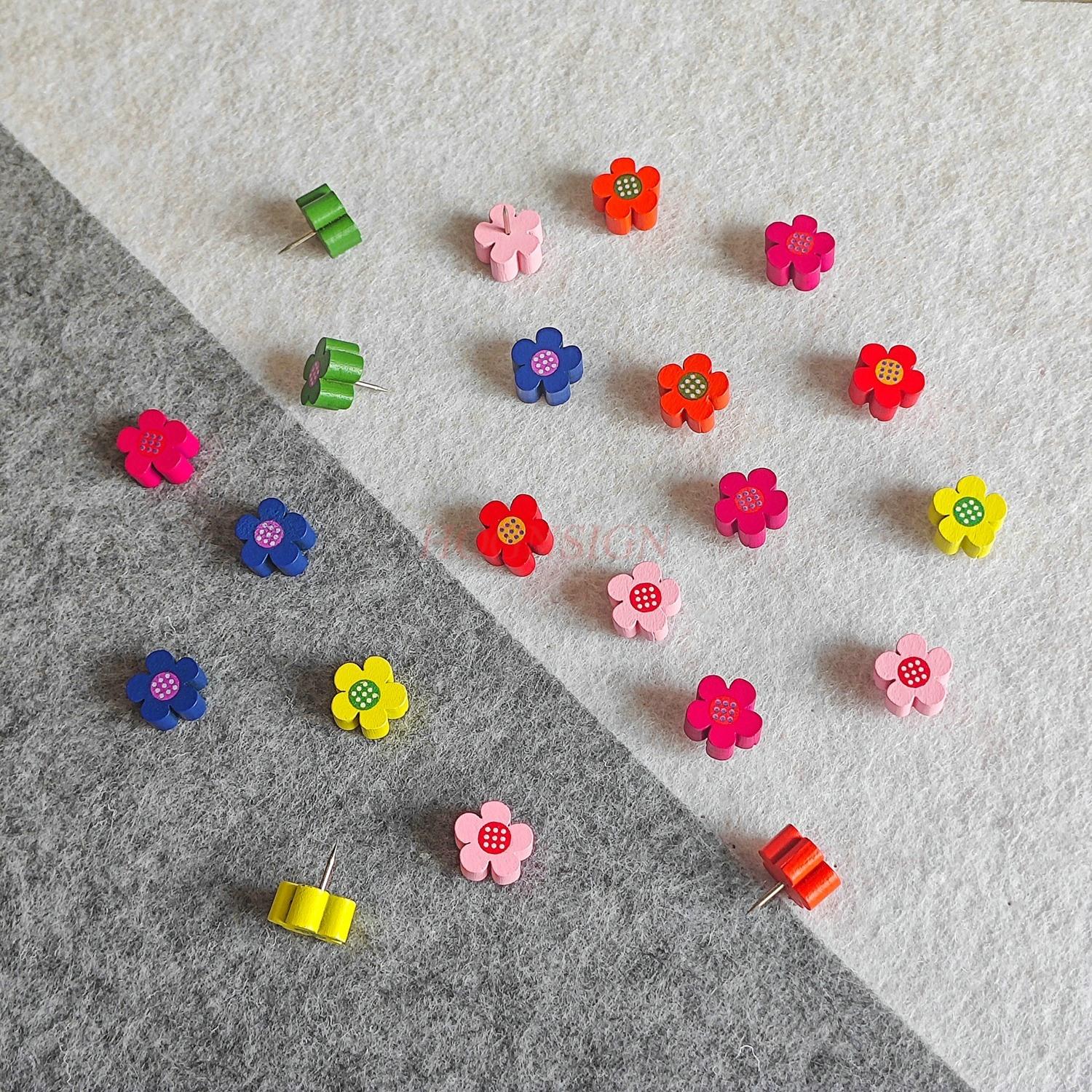 

20pcs Colorful wooden flowers, push pins, plum blossom logs, soft wood boards, felt boards, photos, wall big head nails China Mainland