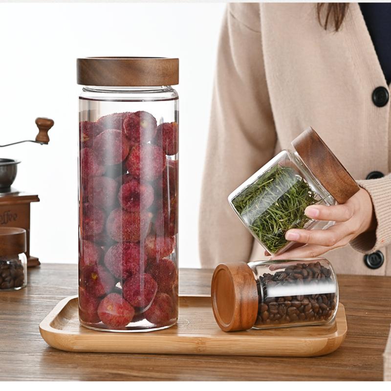 With Wood Lid Food Storage Jars Candy Dried Jars Household Organizer Coffee Beans Sealed Tank Transparent Glass Container