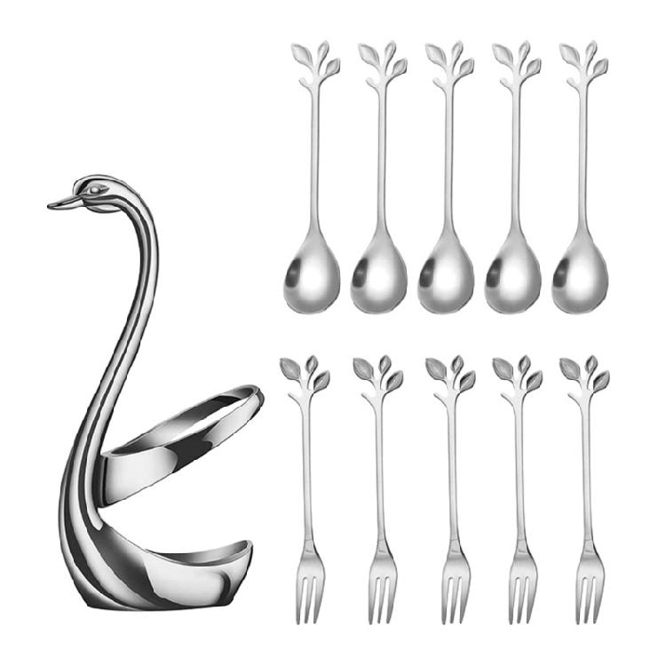 Rustproof Stainless Steel Ice Creams Spoon And Cocktails Fork Pack With Elegant Cygnet Stand Base For Gift