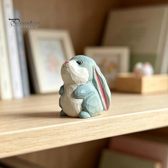 Office Desk Aesthetic Accessories Hand-Carved Lop-Eared Bunny Ornament, Cute Animal Figurine, Natural Wood Carving Art Small Decorative Statue