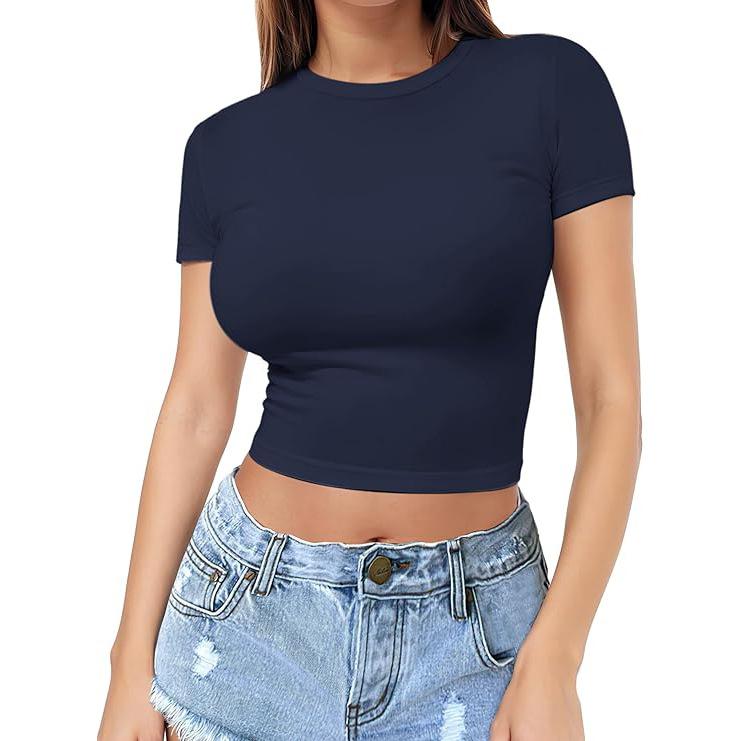 Women Crop Top Short Sleeve Crew Neck Summer Basic Tee Shirts Slim Fit Tight Y2K Going Out Tops Outfits