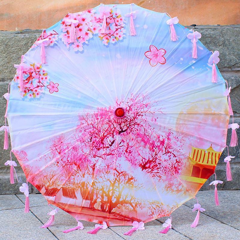 Ancient Style Oil Paper Umbrella with Petal Tassel for Children's Hanfu Dance