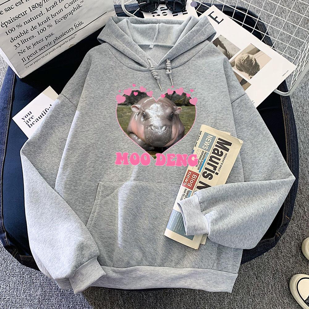 Cute Girls Clothing Moo Deng Hippo Printing Hoodies Roupas Femininas Funny Cartoon Graphic Sweatshirt Hooded Winter Fleece Hoody