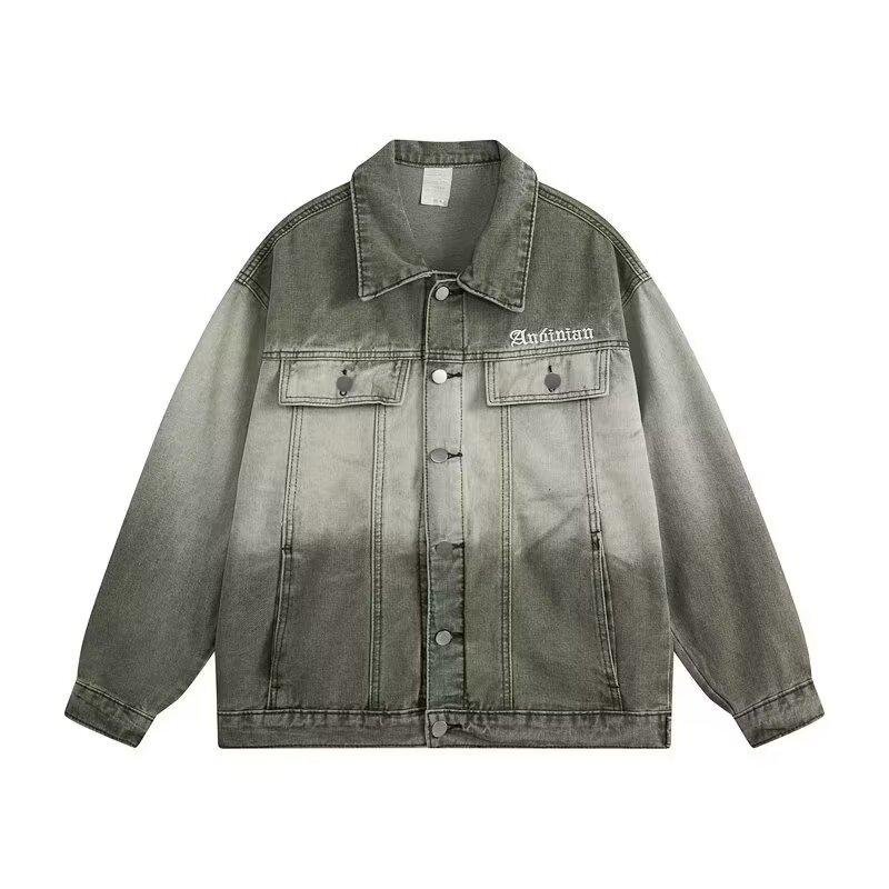 Retro Gradual Change Denim Jacket Men's Autumn and Winter Trendy High Street Ruffian Handsome Loose Casual Tooling Jacket