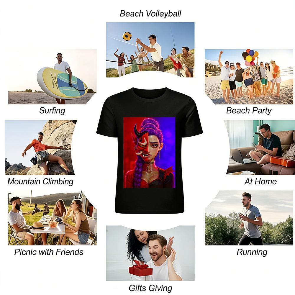 Half-faced Oni Princess Print Top Edgy Subculture Streetwear Unisex Niche Design T-Shirt Pure cotton T-shirt