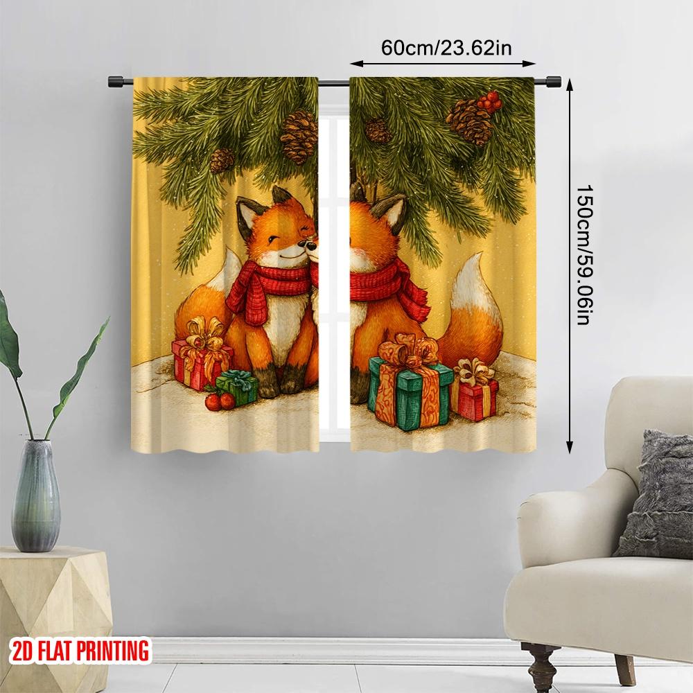 2pcs,2D Plane Printing Light Filtering Curtains Cozy Foxes In Red Scarves with Pine & Gifts Versatile Polyester (without Rod)
