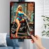 Retro Motorcycle Metal Wall Art Blue Dress Blonde Rider On Red Bike Vintage Garage Decor Sturdy Metal Easy Hang