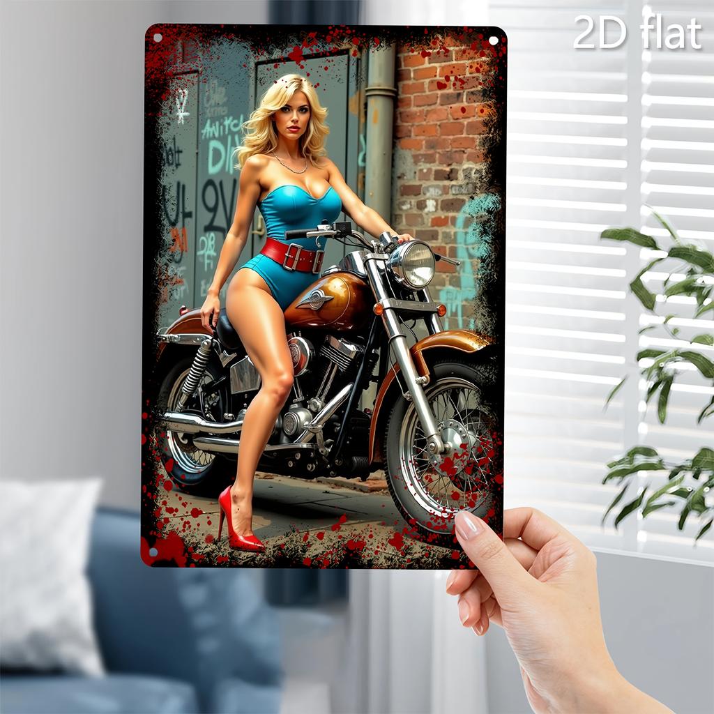 Retro Motorcycle Metal Wall Art Blue Dress Blonde Rider On Red Bike Vintage Garage Decor Sturdy Metal Easy Hang