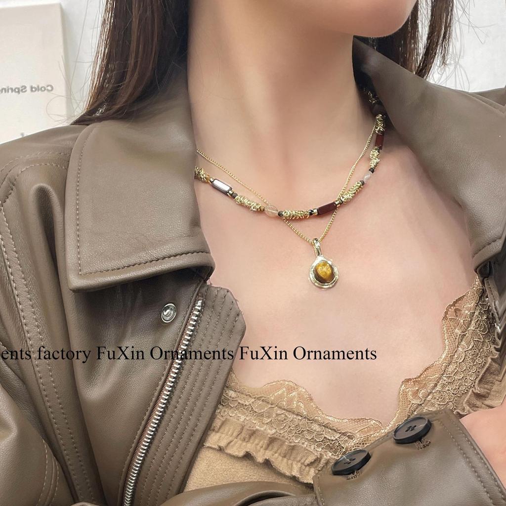 2024 Fashion Tiger Eye Stone & Metal Beaded Necklace - Chinese Style Clavicle Jewelry for Women